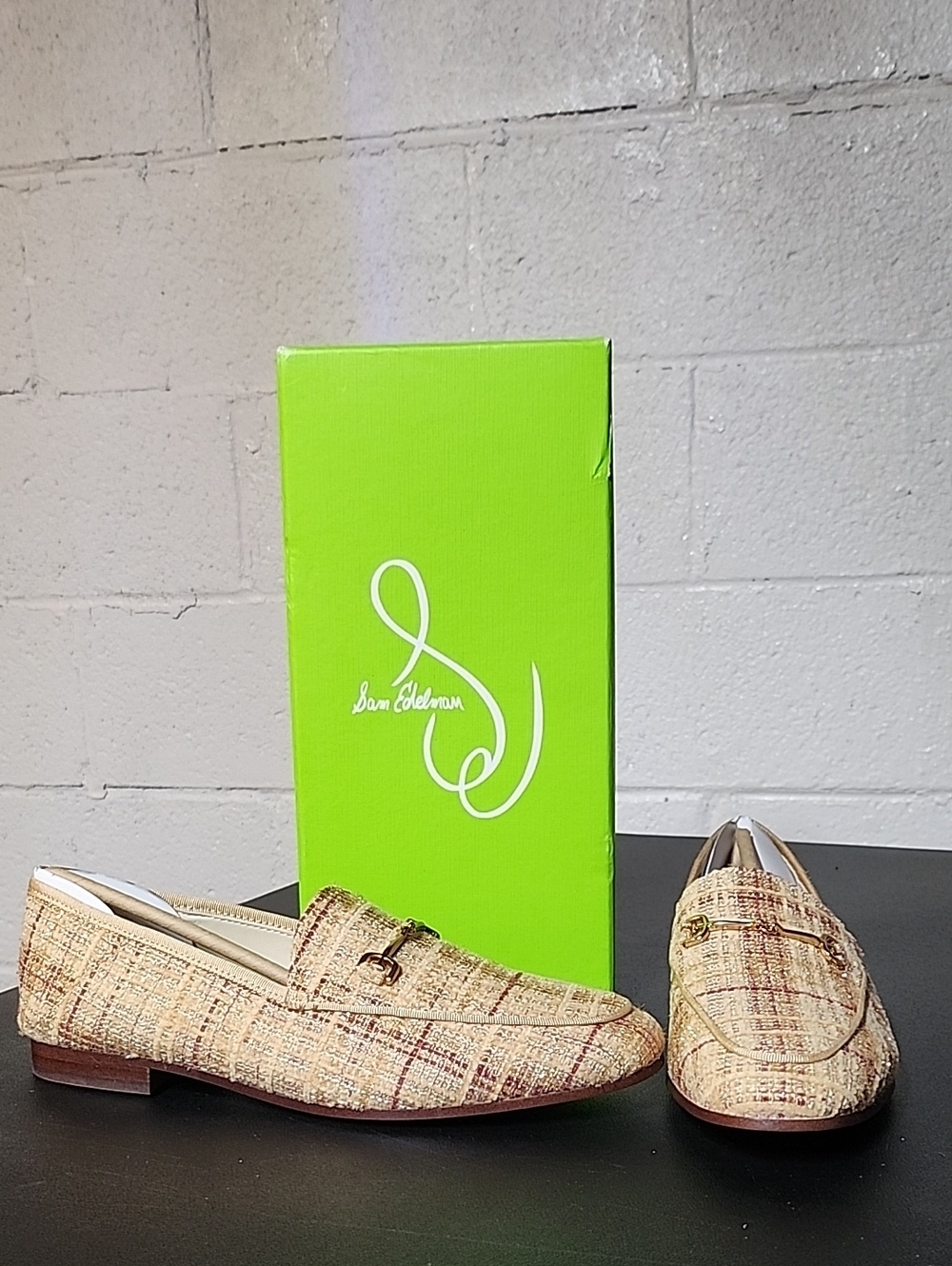 Sam Edelman Tweed Loafers in Beige with Gold Bit